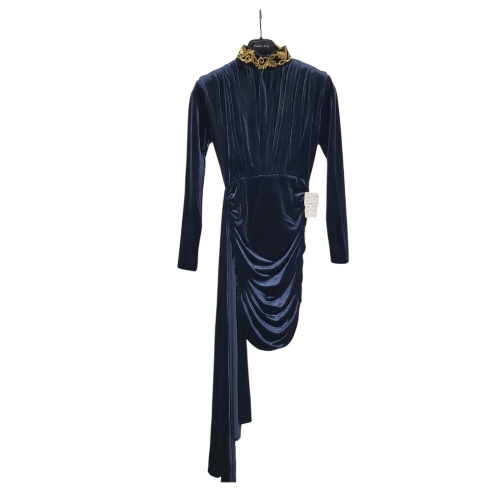 NWT Women's Blue Velvet Ruched Mini Dress with Dramatic Side Drape Size XXS - Picture 3 of 12
